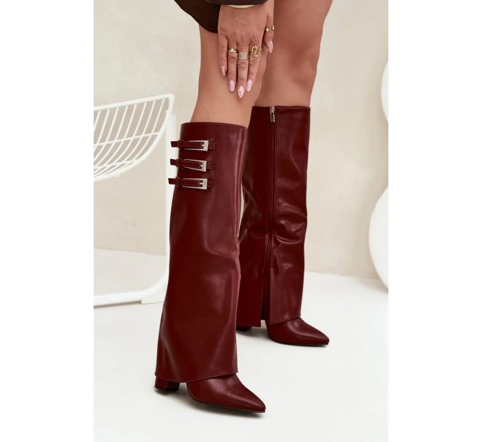 Dámské Kozačky Na Podpatku  Pásky S Přezkami Bordové model 21704830 - Boto