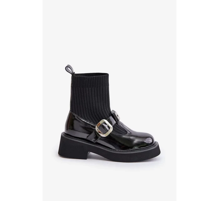 Lakované Kotníkové Boty Se Ponožkou A Přezkou Nazouvací Černé Lakované Kotníkové Boty Se Ponožkou A Přezkou Nazouvací Černé