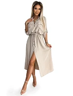 Midi šaty se zlatými knoflíky model 22260589 béžové - numoco