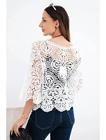 Dámský bavlněný ažurový svetr s krátkým rukávem a ozdobným vzorem bílý