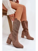 Dámské perforované kozačky do poloviny lýtka ve stylu kovbojek S.Barski – hnědé, eko kůže