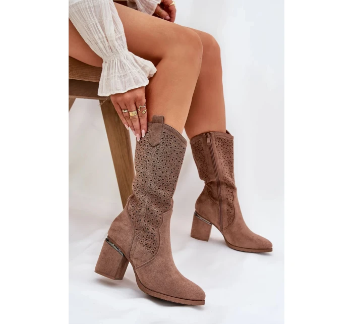 Dámské perforované kozačky do poloviny lýtka ve stylu kovbojek S.Barski – hnědé, eko kůže