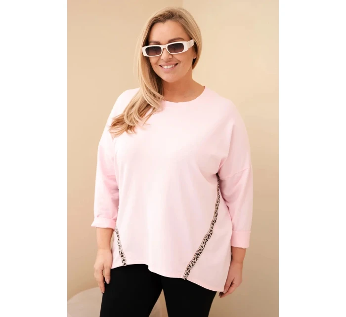 Dámská blůza Plus Size bavlněná s ohrnovacími rukávy a lampasem v leopardím vzoru cukrová růžová