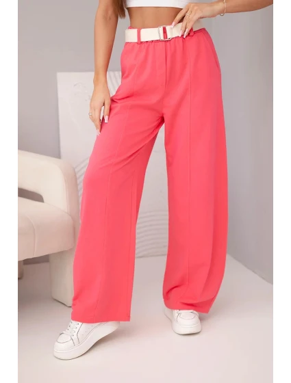 Dámské bavlněné kalhoty se širokými nohavicemi a páskem malinové