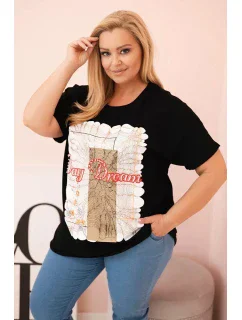 Dámská bavlněná halenka Plus Size s potiskem „Day Dream“ černá + camel