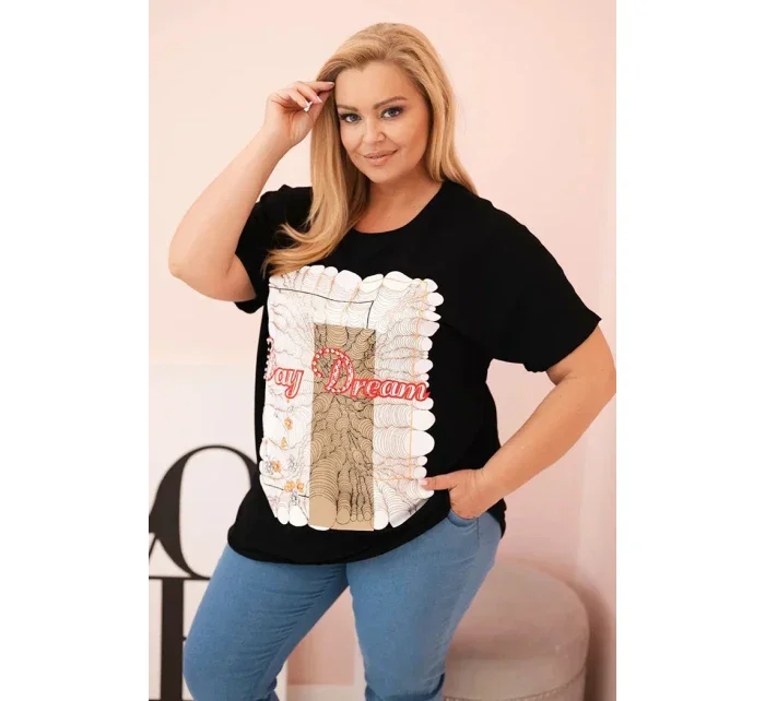 Dámská bavlněná halenka Plus Size s potiskem „Day Dream“ černá + camel