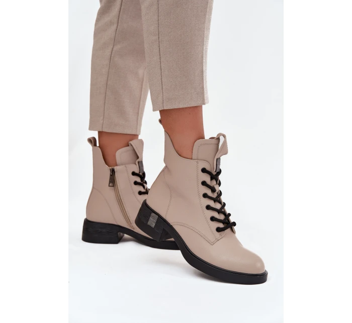 Kožené dámské boty na nízkém podpatku model 21713386 Béžové - VINCEZA