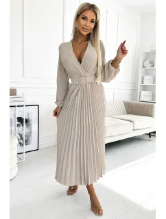 Béžové dámské midi šaty s výstřihem, dlouhými rukávy a širokým opaskem model 19012562 - numoco basic