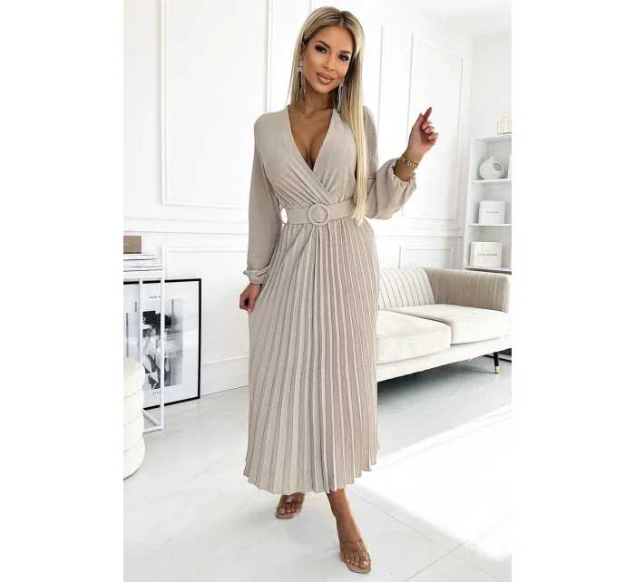 Béžové dámské midi šaty s výstřihem, dlouhými rukávy a širokým opaskem model 19012562 - numoco basic Béžové dámské midi šaty s výstřihem, dlouhými rukávy a širokým opaskem model 19012562 - numoco basic