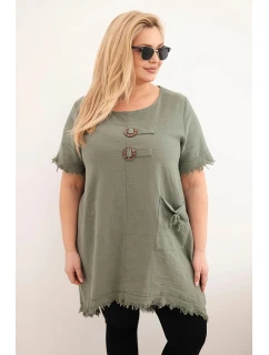 Bavlněné dámské šaty Plus Size s prodlouženým zadním dílem a kapsou khaki