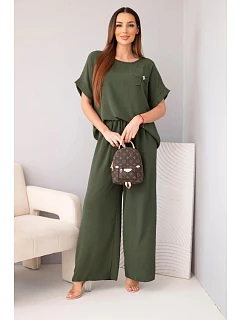 Dámský komplet z viskózy s ozdobným květem a širokými kalhotami tmavé khaki