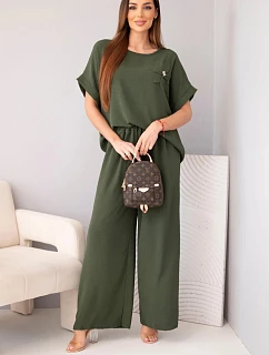 Dámský komplet z viskózy s ozdobným květem a širokými kalhotami tmavé khaki