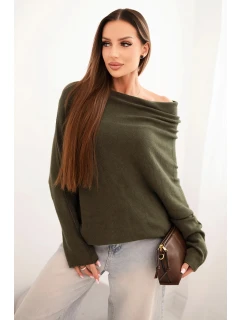 Dámský asymetrický model 21439194 svetr z viskózy khaki - K-Fashion