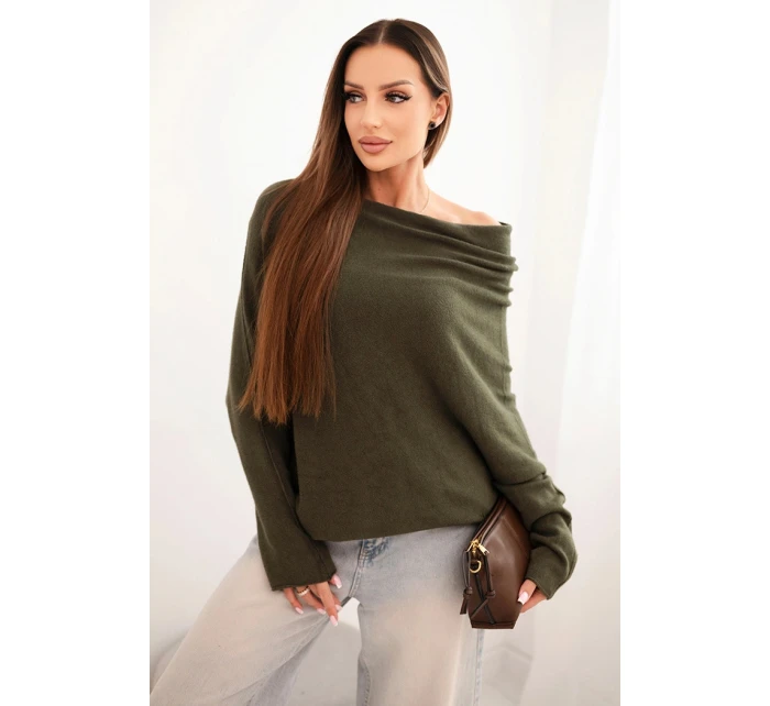 Dámský asymetrický model 21439194 svetr z viskózy khaki - K-Fashion