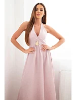 Dámské viskózové maxi šaty vázané na krku s ozdobnou sponou tmavě pudrově růžová Dámské viskózové maxi šaty vázané na krku s ozdobnou sponou tmavě pudrově růžová