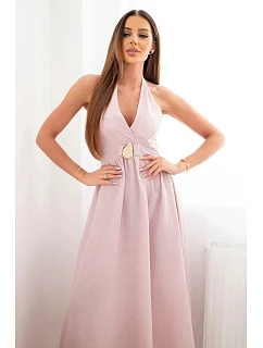 Dámské viskózové maxi šaty vázané na krku s ozdobnou sponou tmavě pudrově růžová