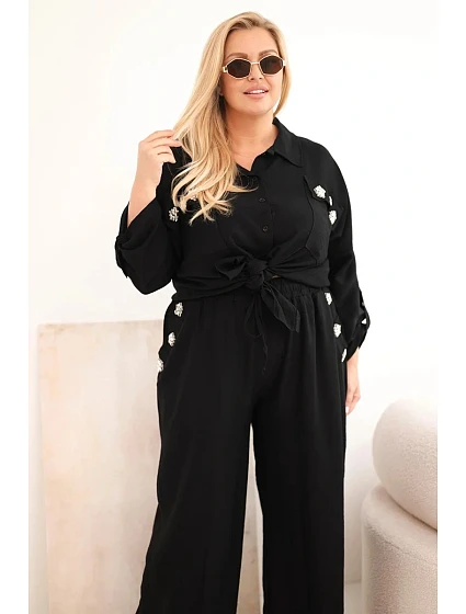 Dámský Plus Size komplet s košilí a širokými kalhotami černý Dámský Plus Size komplet s košilí a širokými kalhotami černý