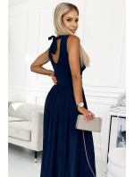 JUSTINE - Tmavě modré dlouhé dámské šaty s výstřihem a zavazováním 362-7