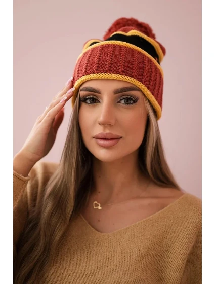 Dámská čepice Kinga K297 červená+hořčicová+černá Dámská čepice Kinga K297 červená+hořčicová+černá