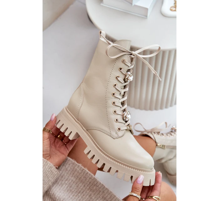 Kožené botky s na zip  Béžové model 21675548 - CheBello