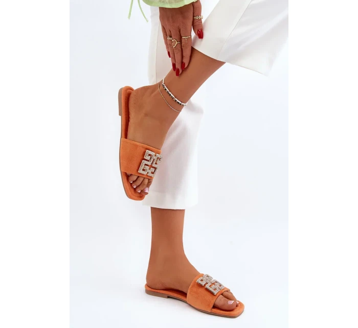 Dámské pantofle na plochém podpatku se zdobením, oranžová vložka Dámské pantofle na plochém podpatku se zdobením, oranžová vložka