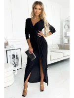 Lesklé černé dlouhé dámské šaty s výstřihem, rozparkem na noze a s brokátem model 18960458 - numoco Lesklé černé dlouhé dámské šaty s výstřihem, rozparkem na noze a s brokátem model 18960458 - numoco