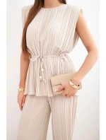 Dámský viskózový komplet s halenkou a širokými kalhotami béžový model 22025290 - K-Fashion Dámský viskózový komplet s halenkou a širokými kalhotami béžový model 22025290 - K-Fashion