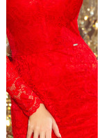 Červené dámské krajkové šaty s výstřihem a dlouhými rukávy model 7156520 - numoco