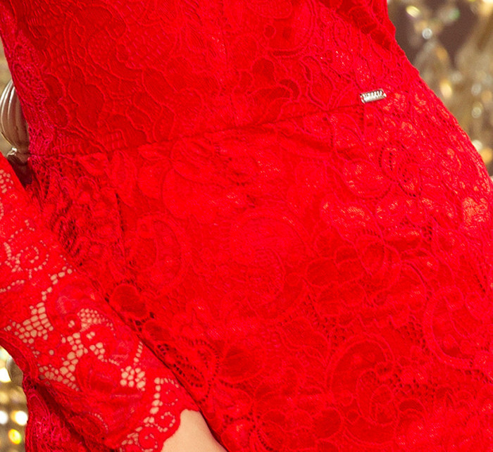Červené dámské krajkové šaty s výstřihem a dlouhými rukávy model 7156520