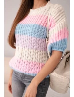 Dámský svetr s krátkým rukávem v barevných pruzích a model 21949228 vzorem béžový - K-Fashion