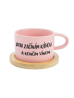 DEN ZAČÍNÁM KÁVOU A KONČÍM VÍNEM - růžový hrníček makronka 200 ml
