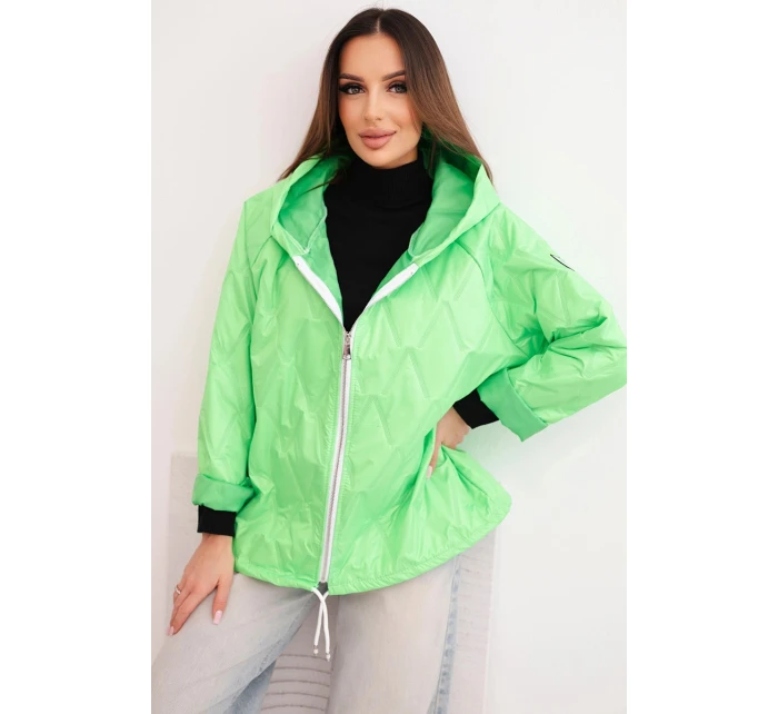 Dámská model 21791595 prošívaná bunda s kapucí a zipem zelená neon - K-Fashion