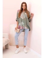 Dámská blůza z bavlny s květinovým vzorem a knoflíky khaki Dámská blůza z bavlny s květinovým vzorem a knoflíky khaki