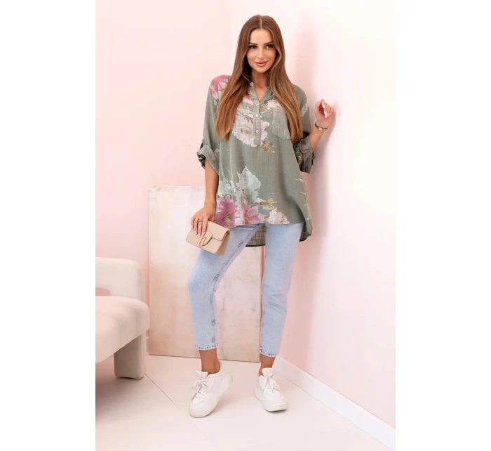 Dámská blůza z bavlny s květinovým vzorem a knoflíky khaki Dámská blůza z bavlny s květinovým vzorem a knoflíky khaki