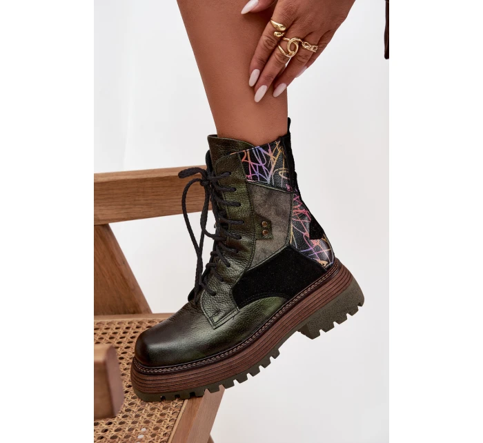 Kožené workery dámské na platformě model 21714249 tmavě zelené - Maciejka