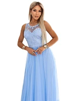672-1 Romantické svatební maxi šaty s vyšívanou krajkou a tylem - modré 672-1 Romantické svatební maxi šaty s vyšívanou krajkou a tylem - modré