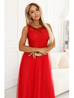 672-5 Romantické svatební maxi šaty s vyšívanou krajkou a tylem - červené