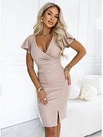 479-16 NINA – elegantní šaty s výstřihem do V, rukávy a páskem – tmavě béžové s brokátem