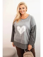 Dámská mikina Plus Size bavlněná s potiskem srdce a šňůrkami grafitová