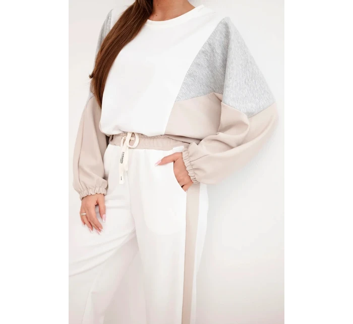 Dámský komplet model 21938018 s volnou mikinou a kalhotami s širokým nohavicí béžový - K-Fashion