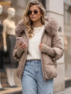 Dámská zimní prošívaná bunda s kožešinou, béžová, FashionStreet TY5994