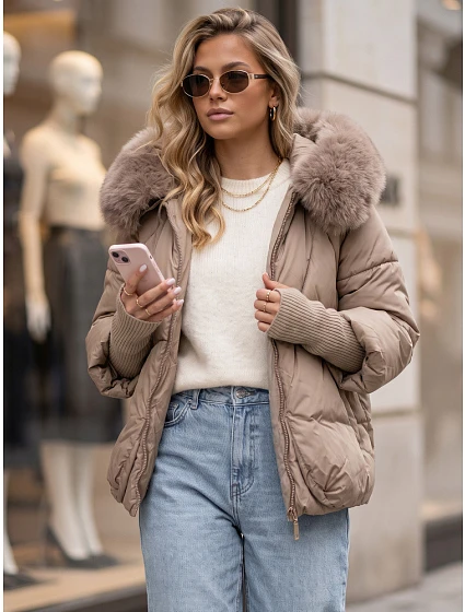 Dámská zimní prošívaná bunda s kožešinou, béžová, FashionStreet TY5994 Dámská zimní prošívaná bunda s kožešinou, béžová, FashionStreet TY5994