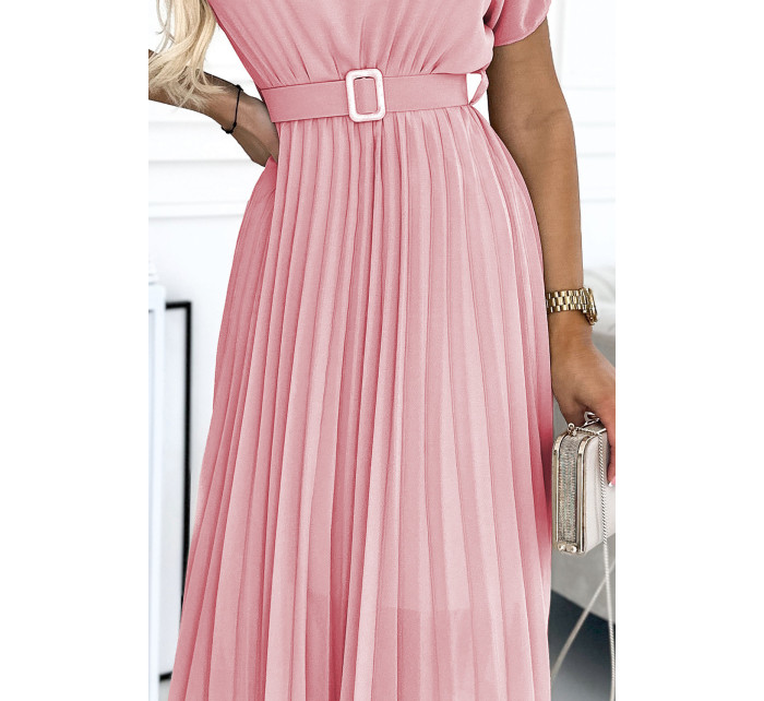 MIA - Dámské plisované midi šaty ve špinavě růžové barvě se širokým opaskem 465-3