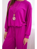 Dámská souprava viskózová mikina s přívěskem a široké kalhoty tmavě fialový