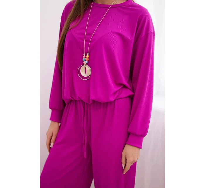 Dámská souprava viskózová mikina s přívěskem a široké kalhoty tmavě fialový