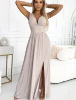 490-2 SUSAN Dlouhé brokátové šaty s výstřihem a prošíváním v pase - BEACH