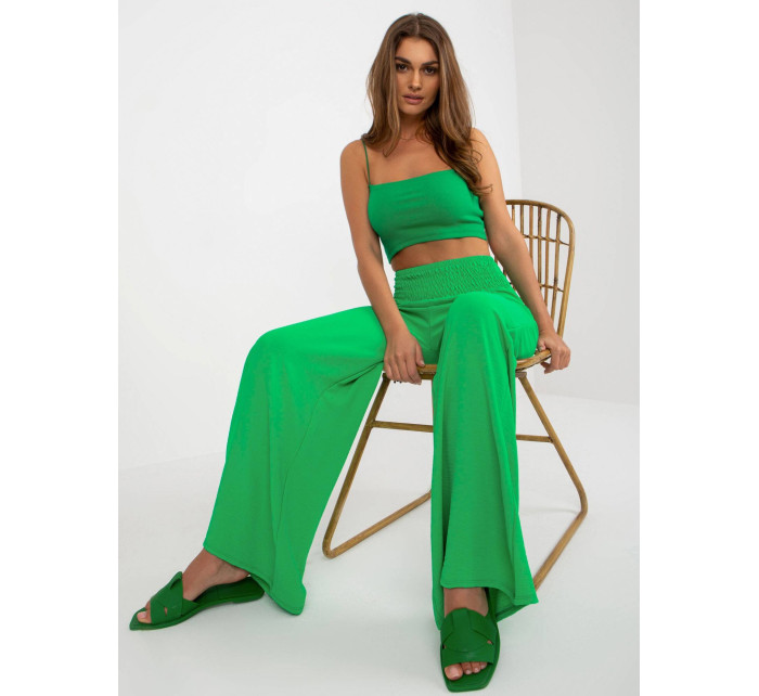 Zelené široké dámské kalhoty s gumou v pase (8390)
