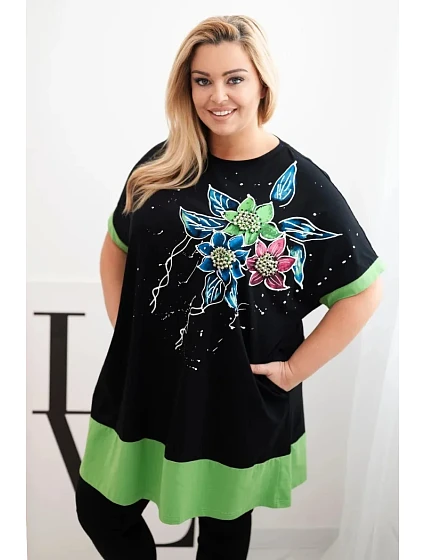 Dámská tunika Plus Size s květinovým vzorem a ozdobnými perličkami zelená