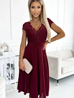 381-5 LINDA - šifonové šaty s krajkovým výstřihem - Bordeaux