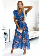 473-1 ARIA Dlouhé šaty s výstřihem a krátkými rukávy - MODRÉ s květy